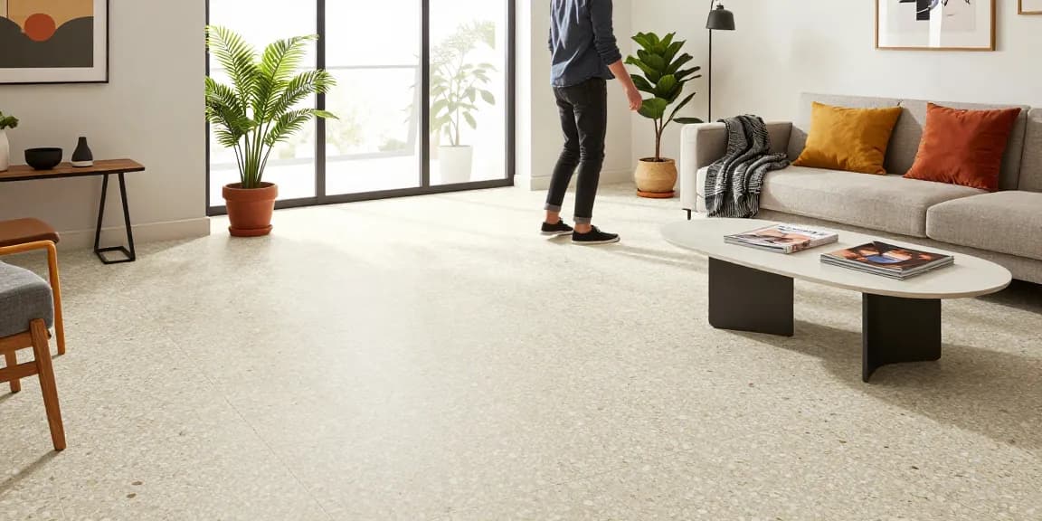 Stijlvolle woonkamer met terrazzo tegels vloer en heldere decor details