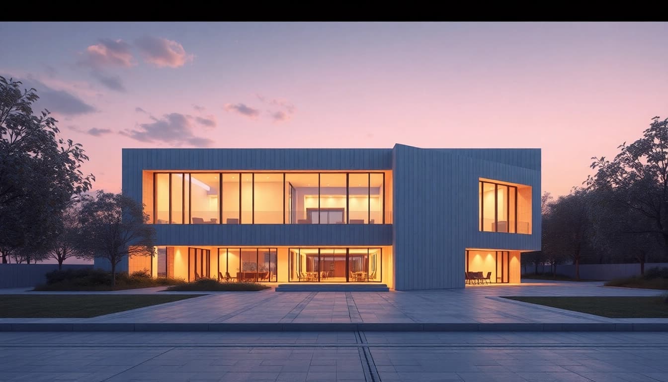 3D-Visualisierung Architektur eines modernen Gebäudes, das Licht und Textur eindrucksvoll zur Geltung bringt.