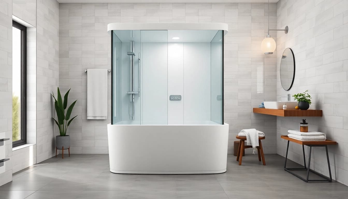 Moderne sonni Duschkabine 90x90 in eleganter Badezimmerumgebung mit natürlichem Licht.
