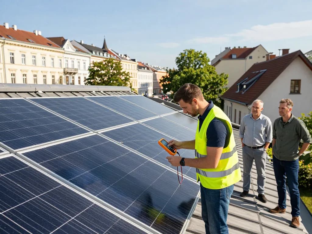 Techniker überprüft die Installation von Photovoltaik Wien auf einem Wohnhausdach und zeigt die Effizienz der Solarenergie.