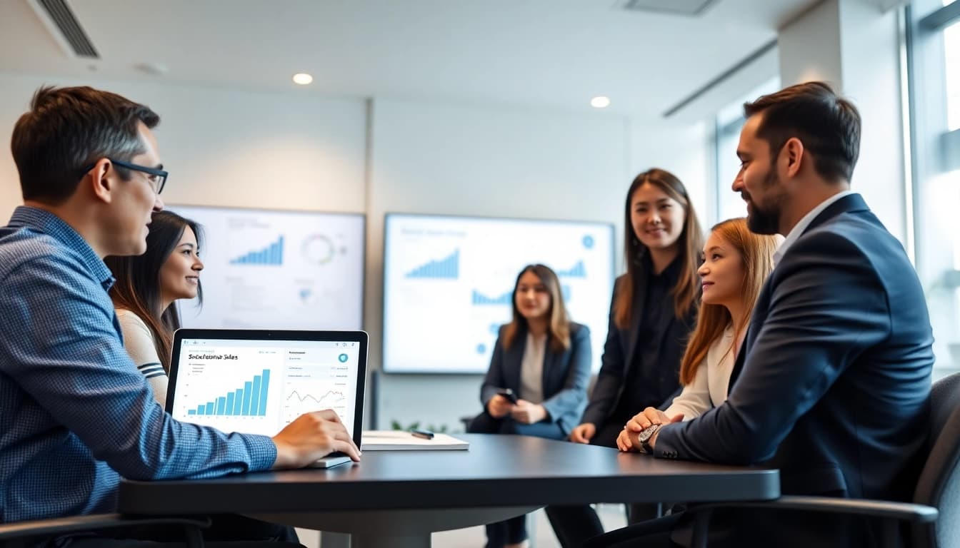 Professionelle Rekrutierungsszene, die Personalvermittlung Vertrieb mit einer Vielzahl von Vertriebskandidaten in einem modernen Büro hervorhebt.