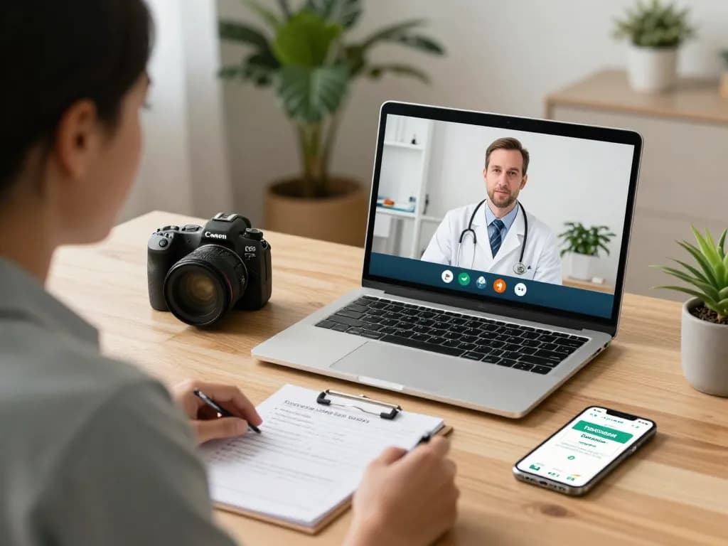Szene der Cannabis Rezept Online-Beratung mit einem Patienten und Arzt im Videoanruf in einem gemütlichen Homeoffice.