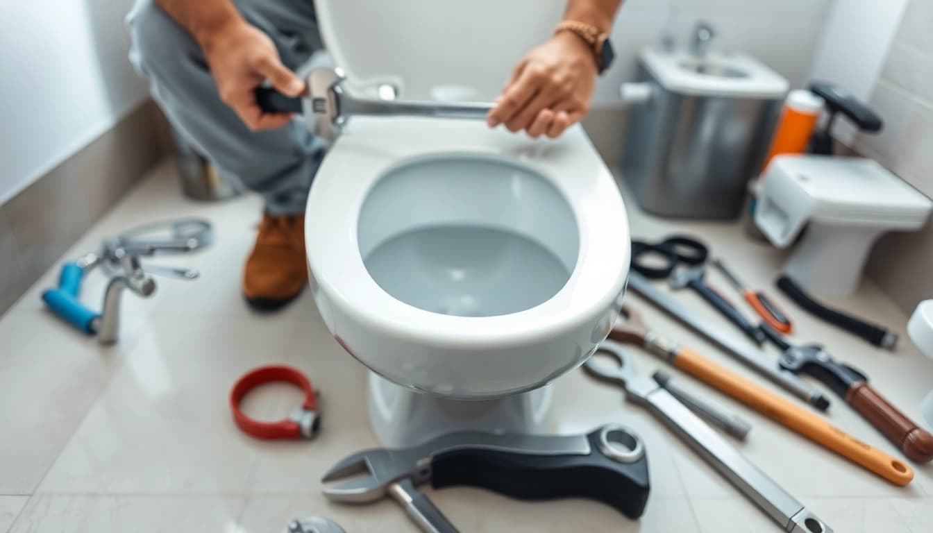 Skilled plumber performing toilet repair with professional tools in a bright bathroom.