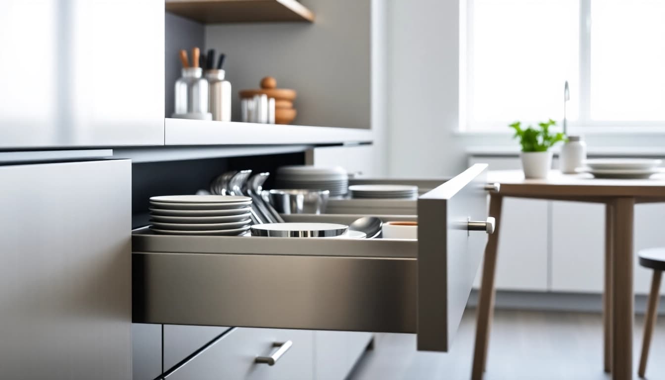 Für eine optimale Organisation ermöglicht das Metal Drawer System einen eleganten und strukturierten Stauraum in der modernen Küche.