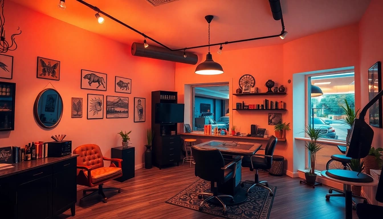 Tattoo Studio München mit künstlerischen Designs, warmem Licht und einladender Atmosphäre.