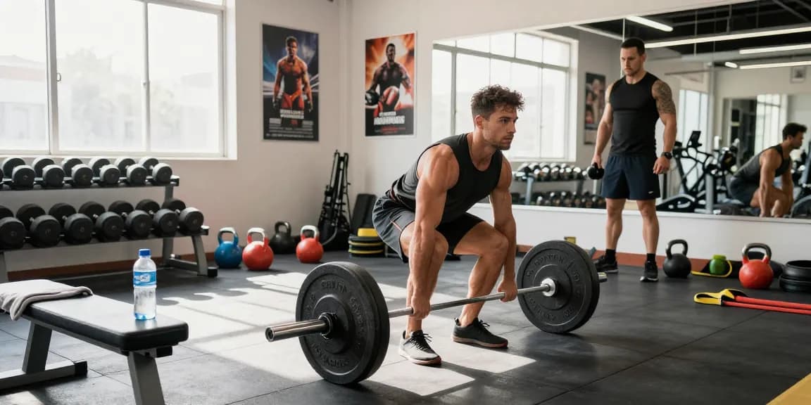 Anabolika Shop: Bodybuilder beim Workout im modernen Fitnessstudio, umgeben von Gewichten und motivierenden Postern.