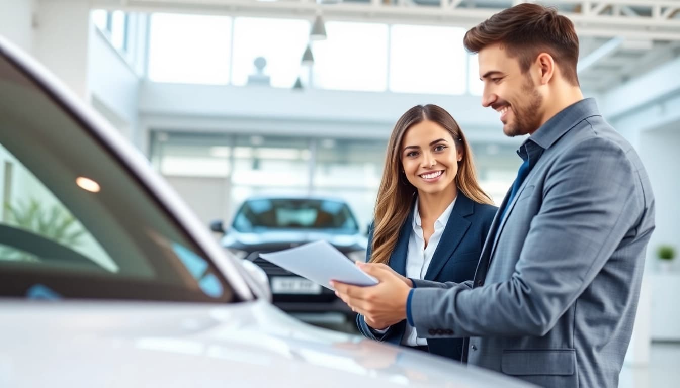 Autoankauf von einem freundlichen Agenten in modernem Büro, das Vertrauen und Professionalität ausstrahlt.