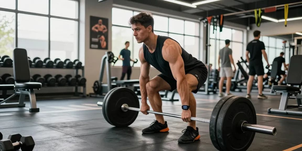 Kraftsportler hebt Gewichte in einem hellen Fitnessstudio bei Steroidshop und zeigt Hingabe und Fitness.