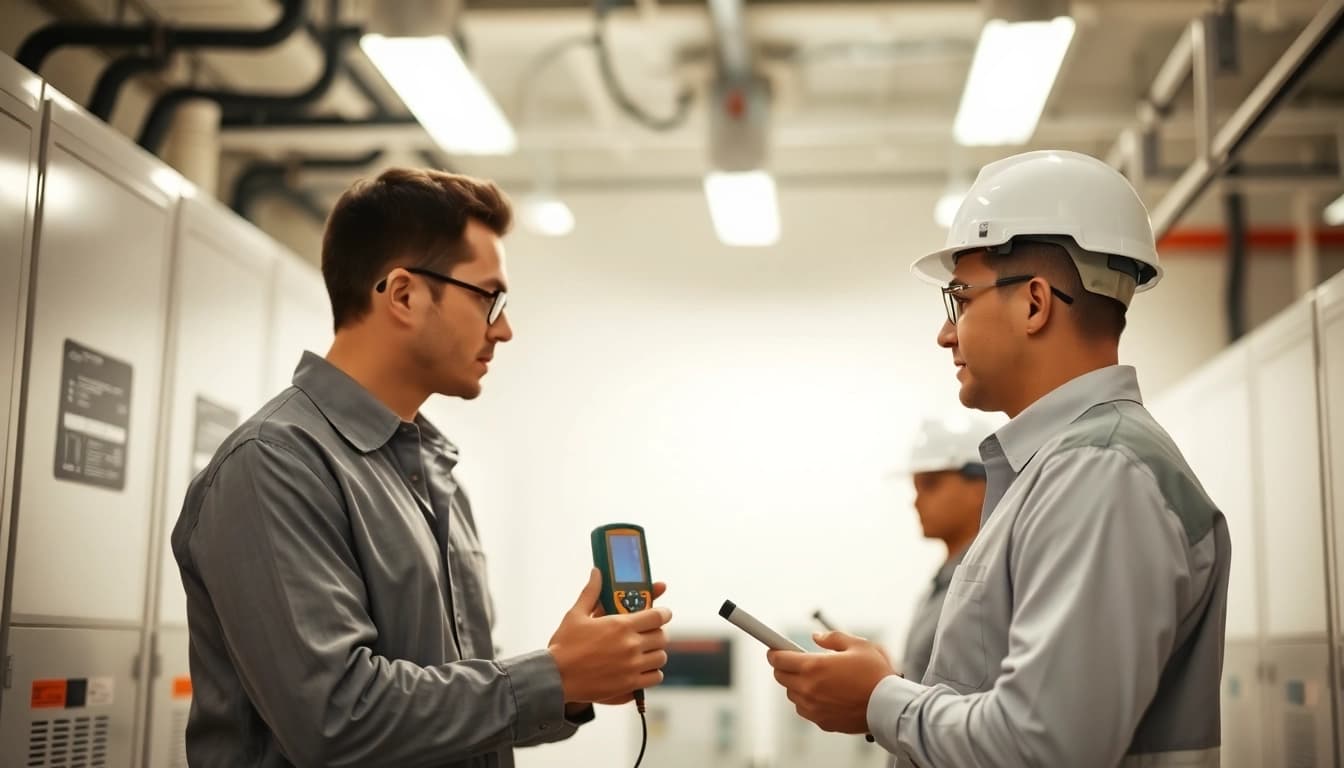 Inspectors conducting DGUV V3 Prüfung on electrical equipment in a safe work environment.