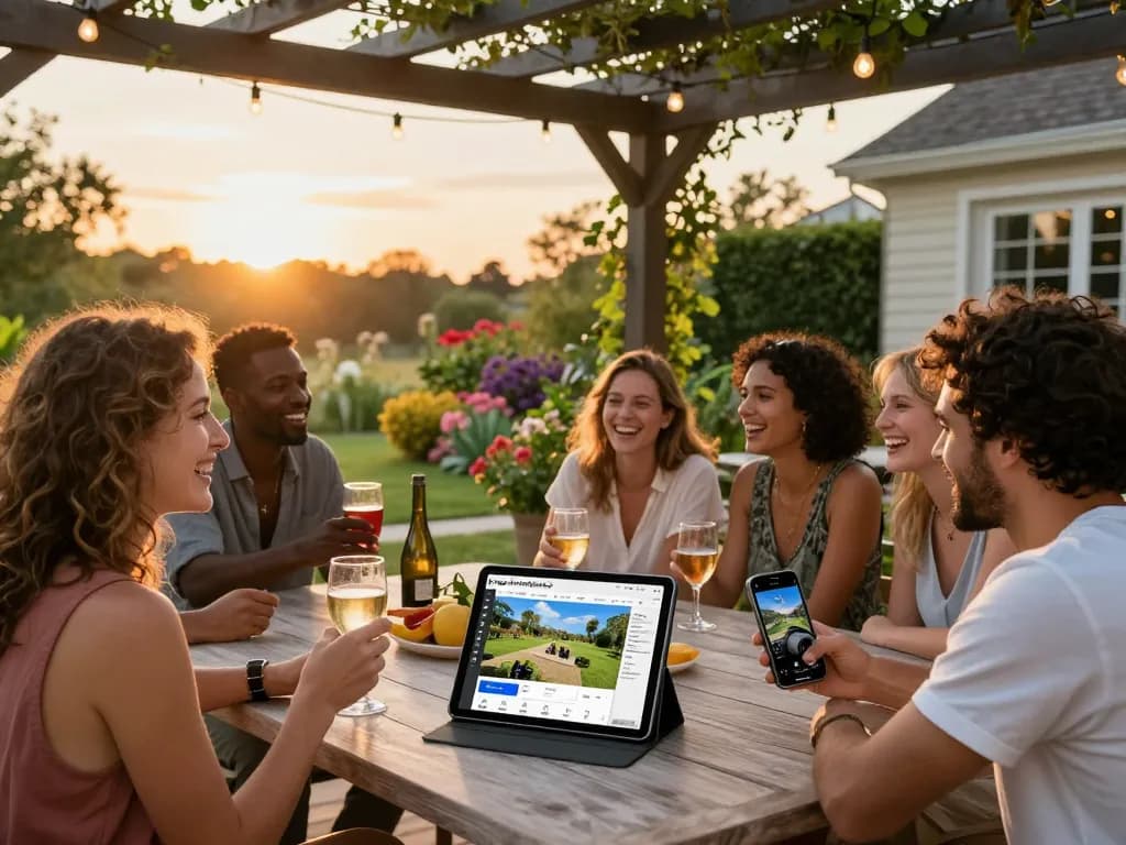 Versammeln Sie Freunde unter einem maßgeschneiderten Pergola Konfigurator 3D und genießen Sie Drinks in einer lebhaften Gartenumgebung.