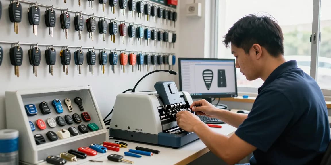 Autoschlüssel nachmachen in professionellem Schlüsseldienst mit Technikern bei der Arbeit