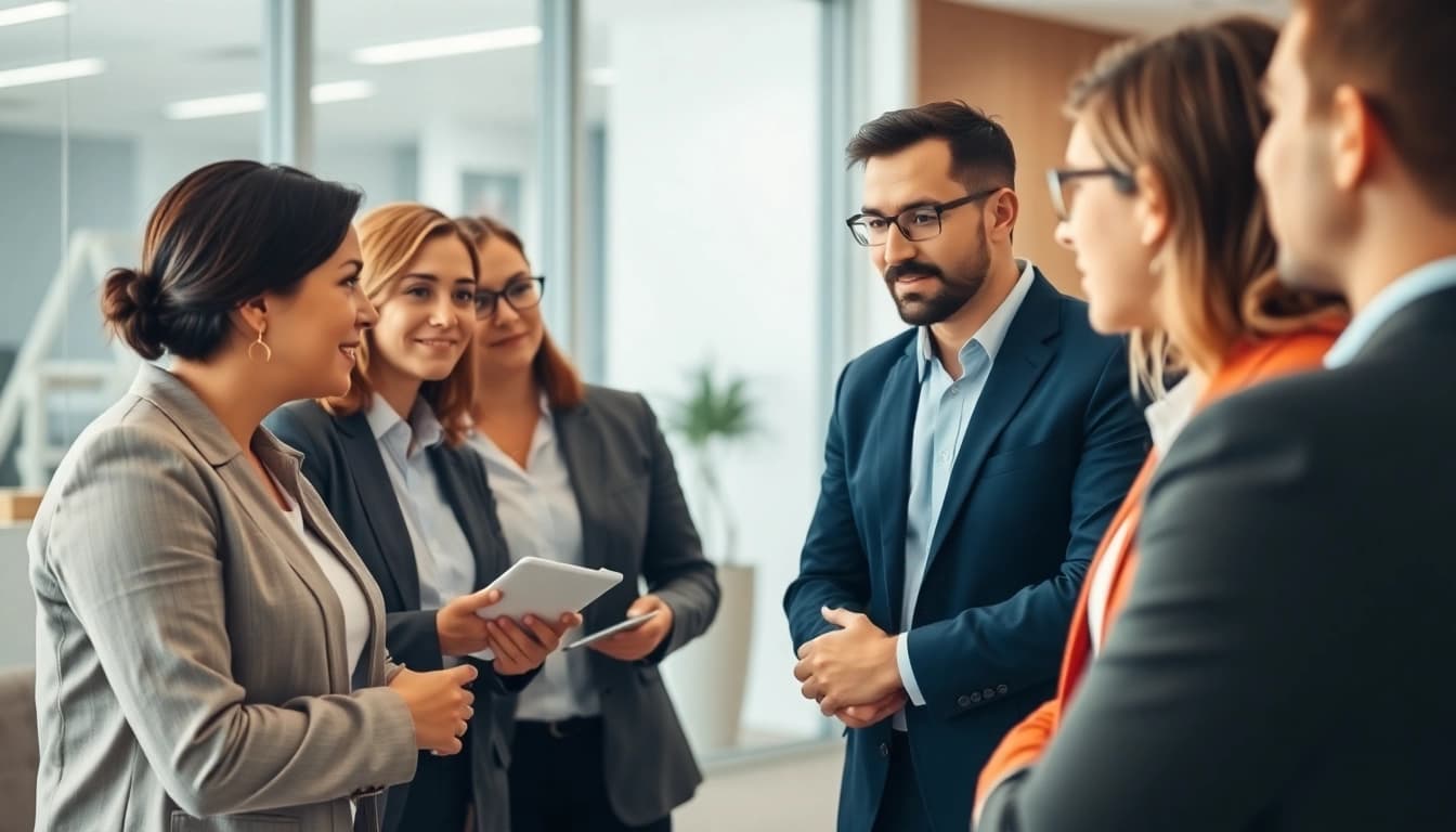 Fördert Karrieremanagement-Strategien in einem modernen Büroumfeld mit engagierten Fachleuten.