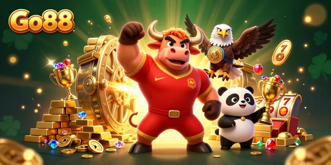 Engage with Go88 in this vibrant casino-themed 3D illustration depicting excitement and winning.