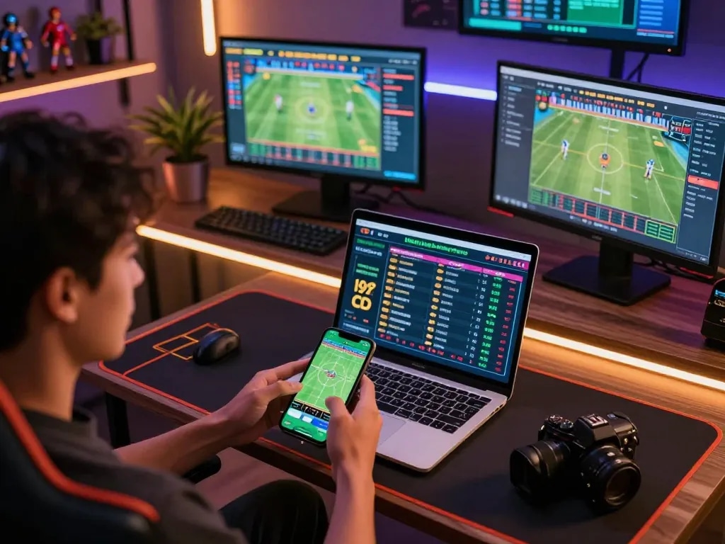 Person using fabet app for sports betting on smartphone in modern gaming setup.