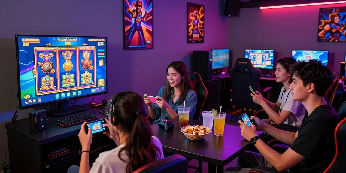 Cheerful friends enjoying a lively gaming night featuring rokok88 slot game on a large screen.
