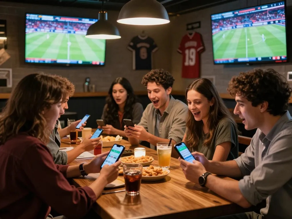 Excited friends enjoying sports betting at mb66an while watching a live game, showcasing vibrant atmosphere