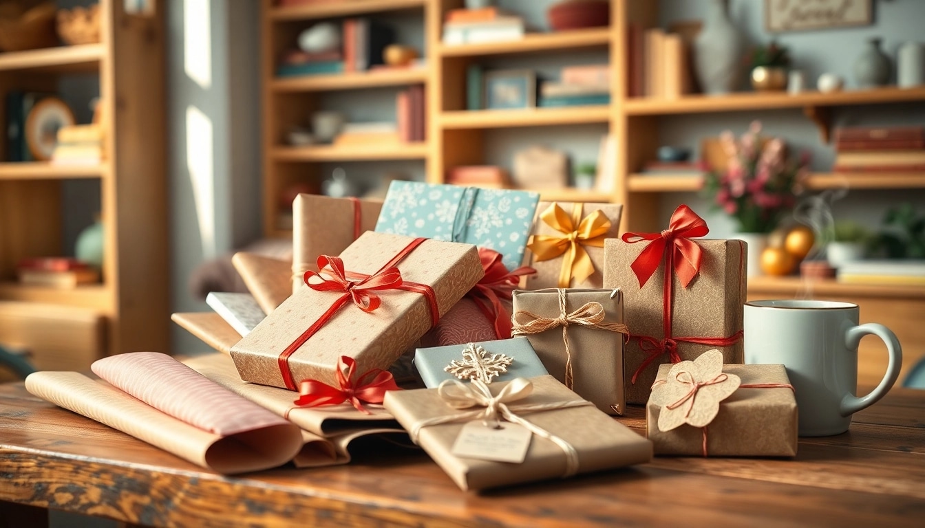 Ein kreatives Arrangement von Geschenkideen auf einem Holztisch mit buntem Geschenkpapier und kleinen Geschenkboxen.
