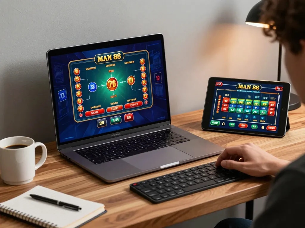 Engaging Man 88 online gaming experience on tablet with strategic setup in a stylish home office.