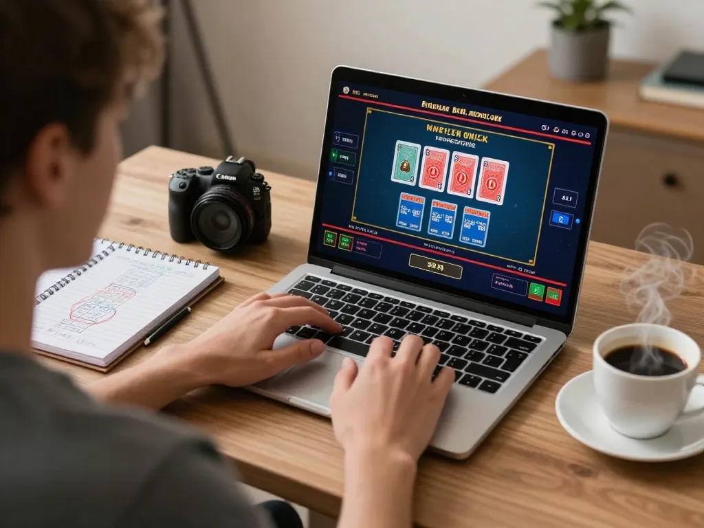 Kuwin1 player enjoying live dealer games on laptop, strategic betting in cozy home setup