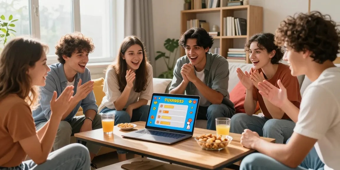 Freunde testen ihr Wissen im Quiz Allgemeinwissen mit Freude und Snacks in einem modernen Wohnzimmer.