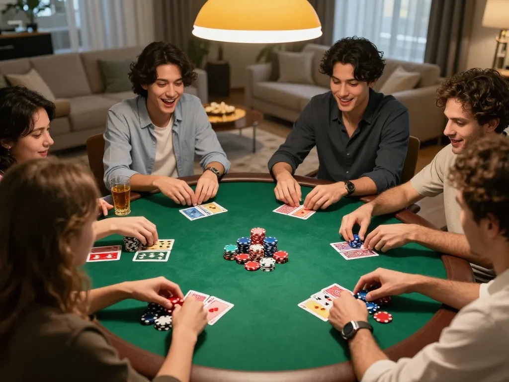 Bsport players enjoying a friendly home poker game with colorful chips and drinks.
