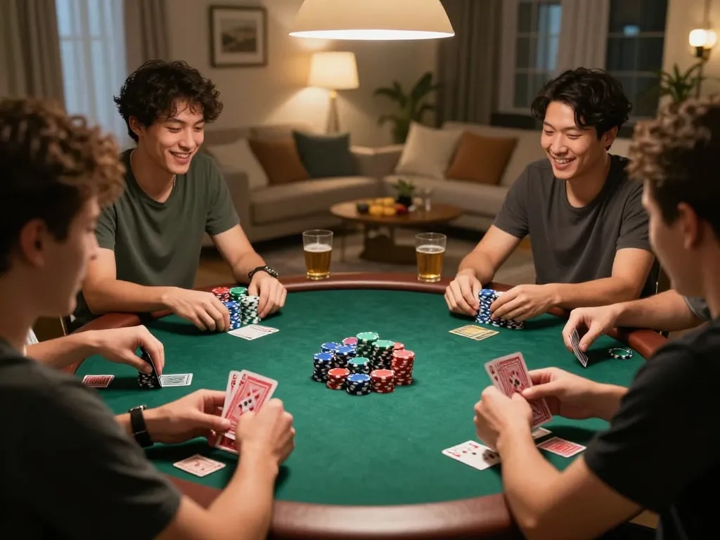 Participants enjoy a friendly poker game featuring Spaceman strategy in a cozy home setting with lively engagement.