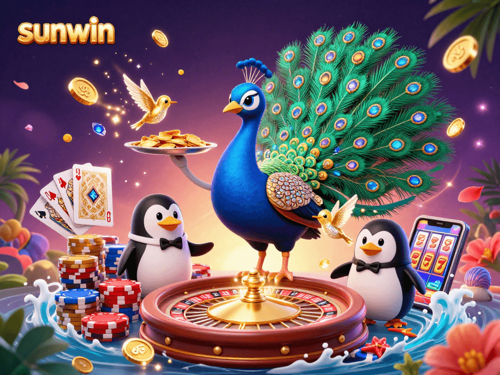 Experience the vibrant sunwin casino with a dazzling peacock, golden chips, and sparkling gems!