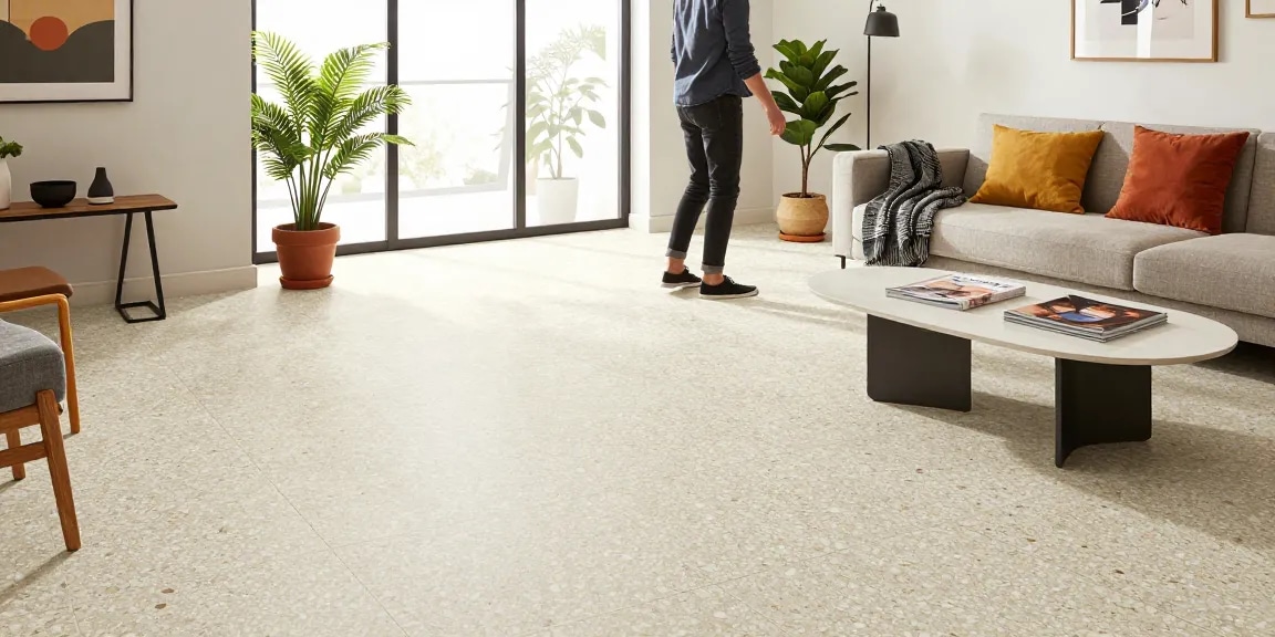 Stijlvolle woonkamer met terrazzo tegels vloer en heldere decor details