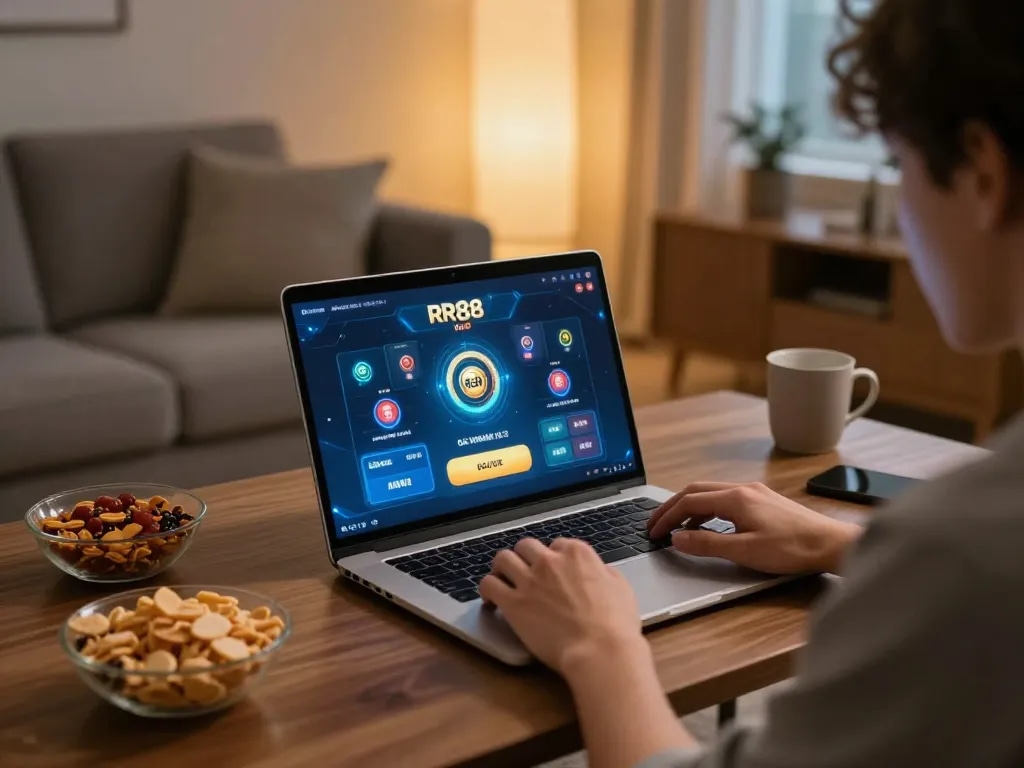 Engaging in online gaming with the RR88 KJC app, showcasing a cozy home setup for responsible entertainment.
