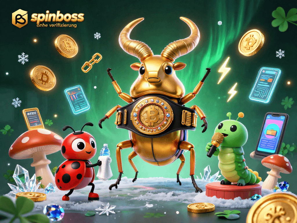 Erleben Sie spinboss ohne Verifizierung mit einem 3D-Kampf zwischen einem goldenen Maikäfer und Casino-Elementen.