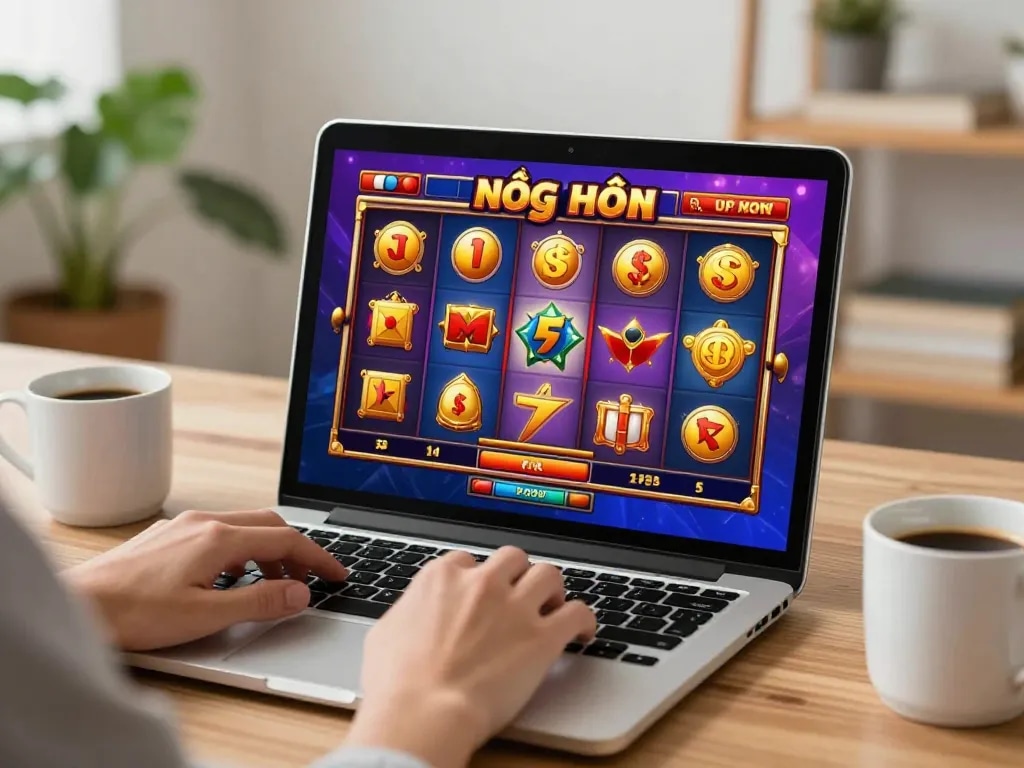 Engaging in a nổ hũ slot game on a laptop in a cozy home setting, illustrating online gambling excitement.