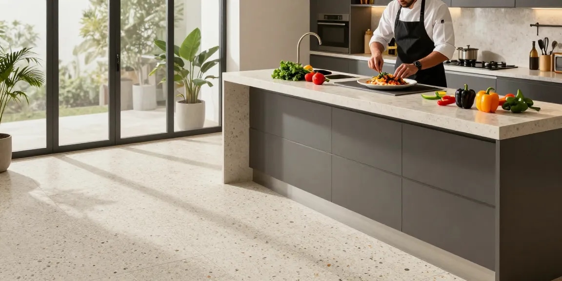 Levende keuken scène met terrazzo tegels vloer, verse ingrediënten en natuurlijk licht.
