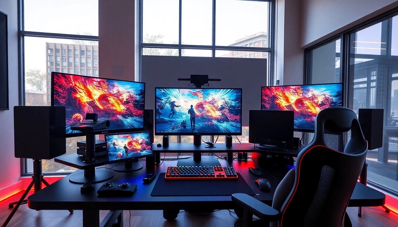 Spannende Games News auf einem professionellen Gaming-Setup mit modernen Monitoren.