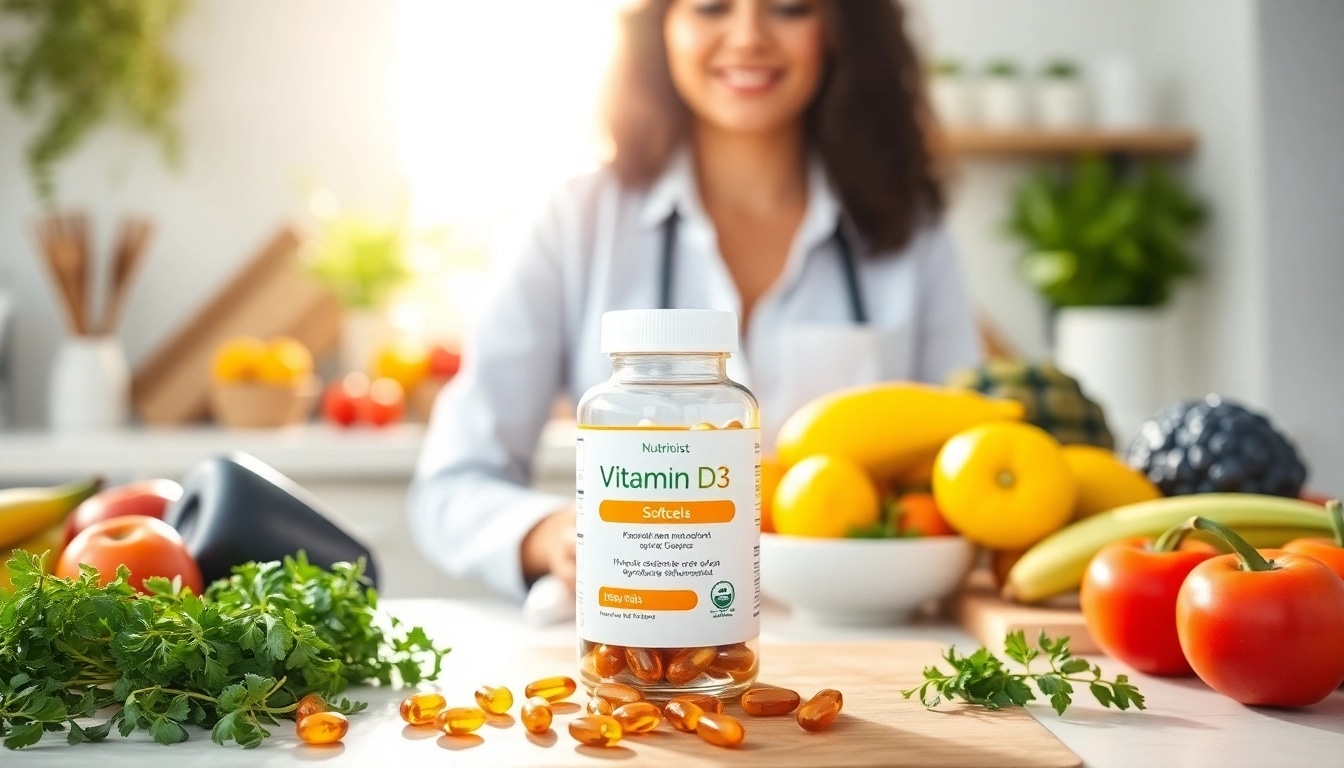 Vitamin D3 Vitamine in vegane Softgels, umgeben von frischen Kräutern und Obst