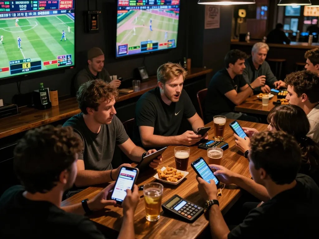 Intense sports betting activity at a lively sports bar showcasing MK8 apps and live games.