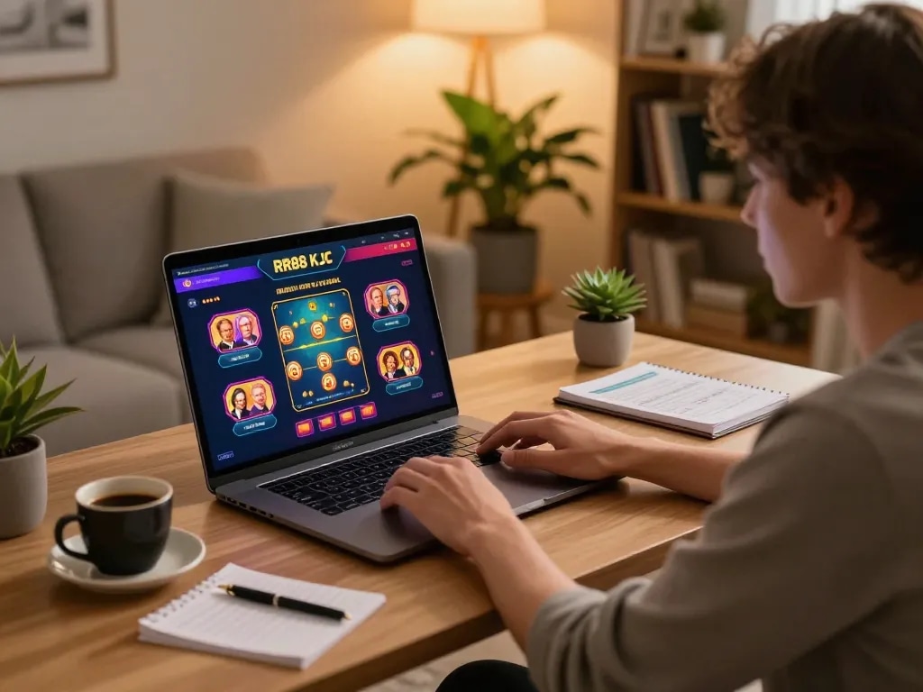 Engage in thrilling gameplay with RR88 KJC on a laptop at home in a cozy setting.