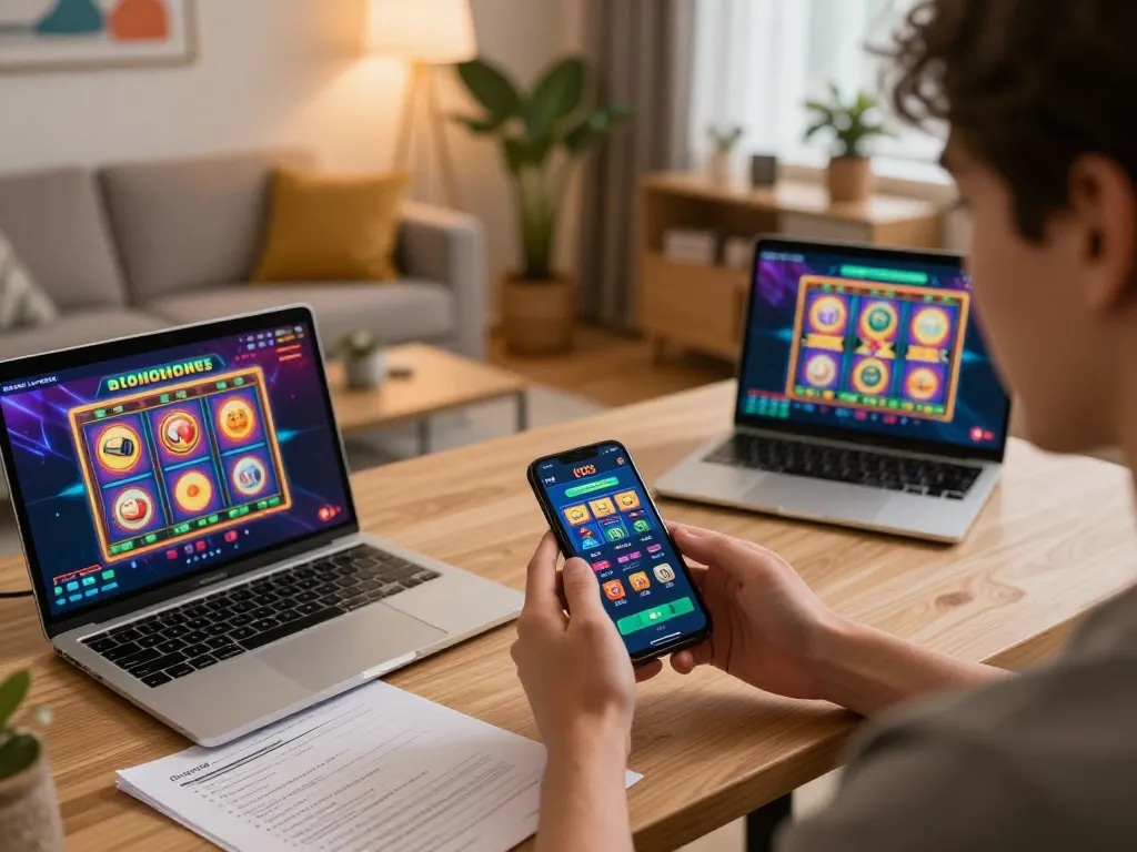 Player engaging with GG88 casino app on smartphone in a cozy home setup, vibrant gambling experience