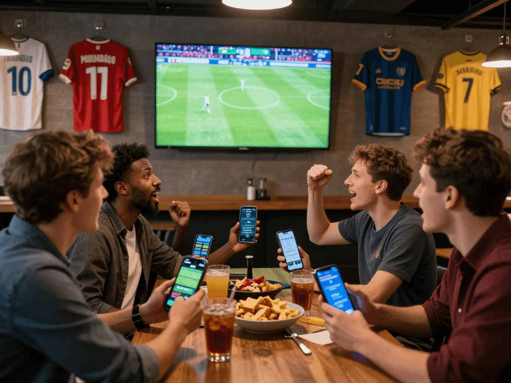 Fussball wetten in einer lebhaften Sportbar während eines Bundesligaspiels mit Freunden und interaktiven Wett-Apps.