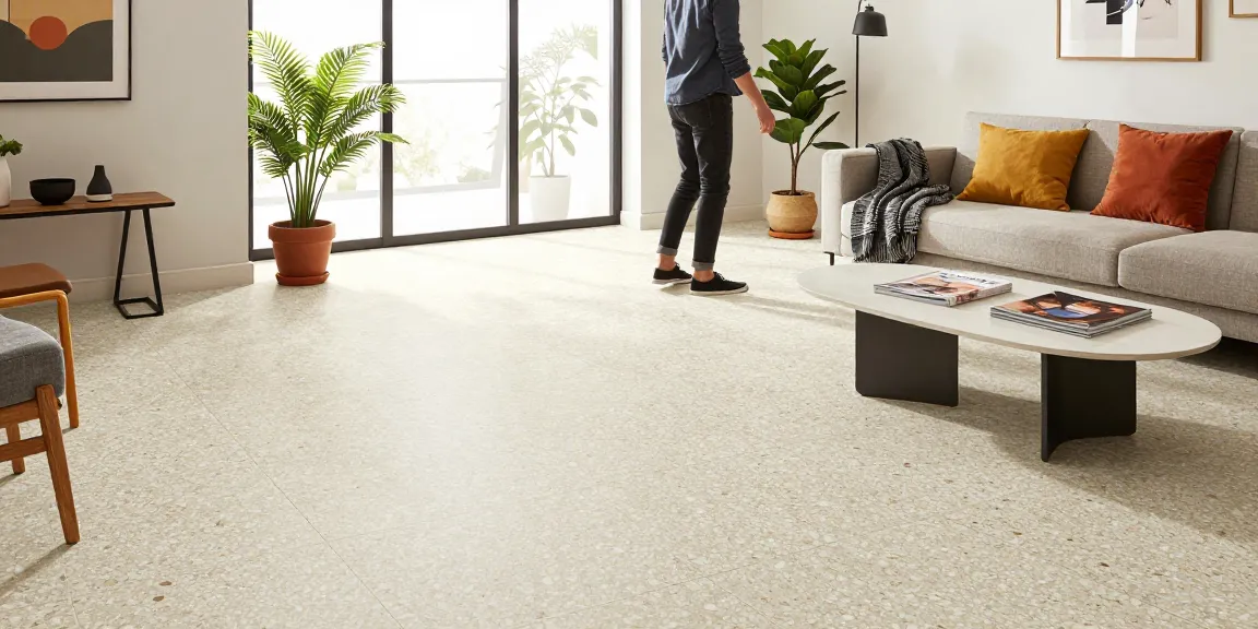 Stijlvolle woonkamer met terrazzo tegels vloer en heldere decor details