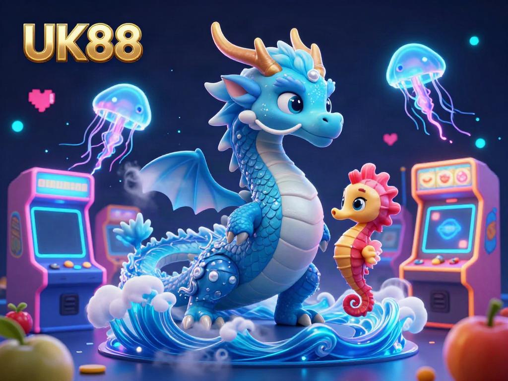 Experience thrilling gameplay at UK88 with a vibrant illustration of a water dragon and seahorse knight amidst dynamic casino game elements.