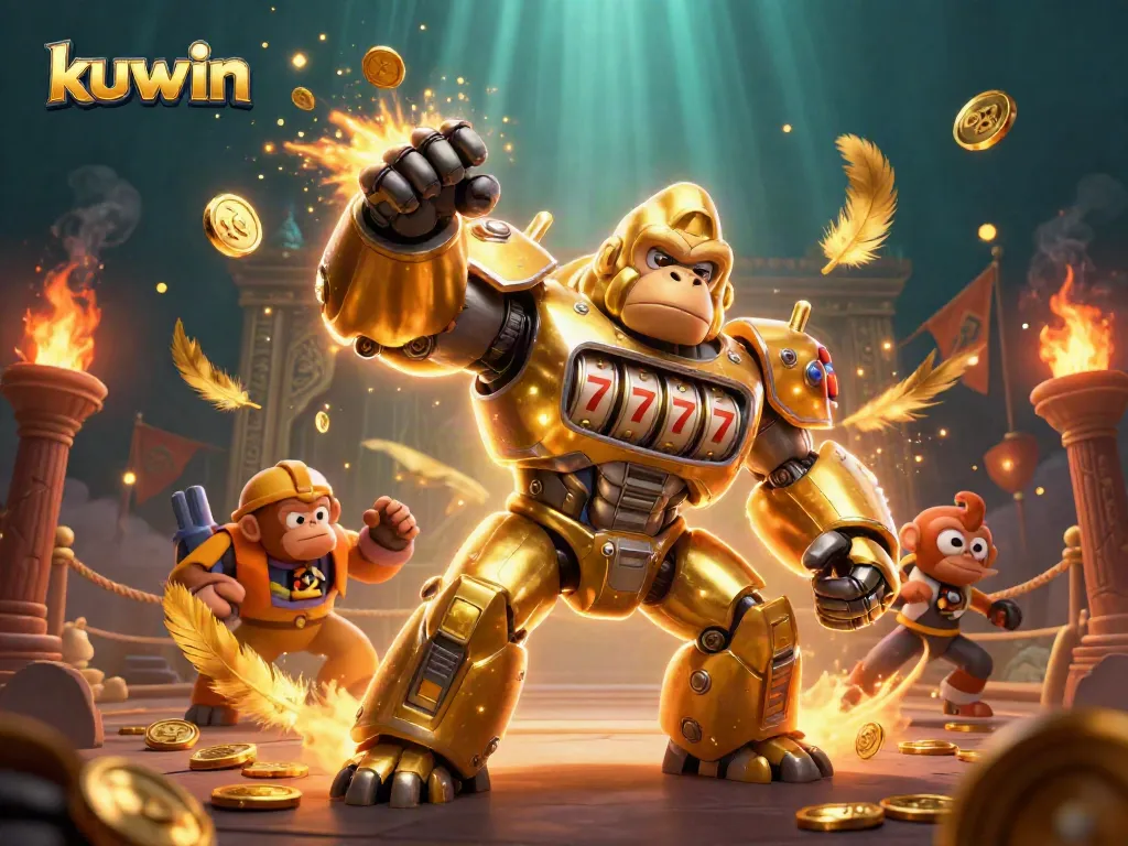 Kuwin's thrilling online casino experience featuring a golden gorilla mech and vibrant gambling elements.
