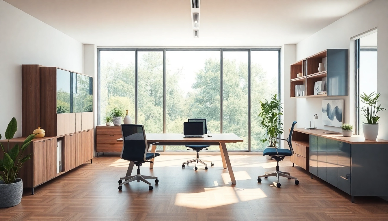 Moderne Büromöbel im stilvollen Büro-Setting mit ergonomischen Stühlen und eleganten Schreibtischen.