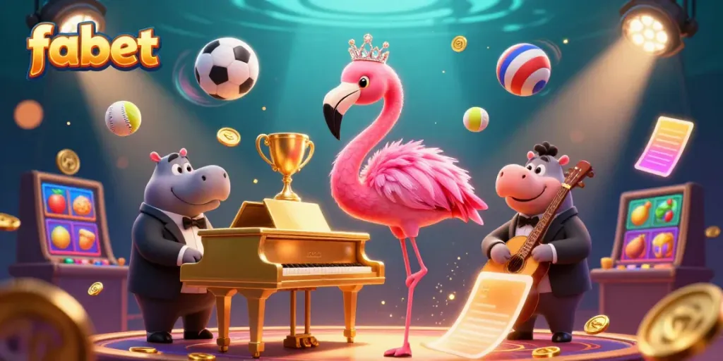 Experience the excitement of fabet with a lively illustration of a flamingo singer and hippo bassist amid dynamic casino elements.