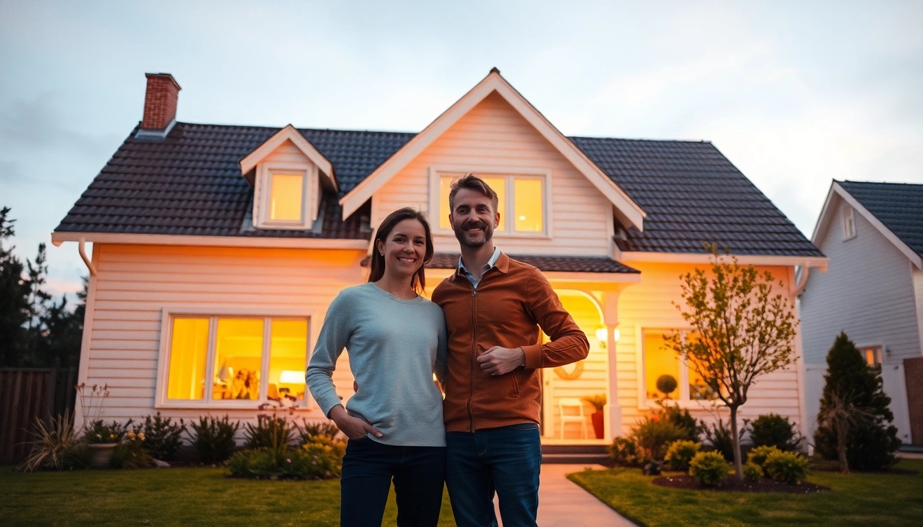 Glückliches Paar beim Hauskauf vor einem modernen Einfamilienhaus im Abendlicht.