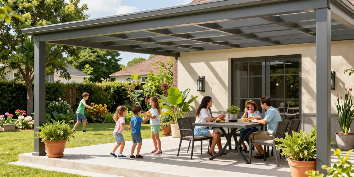 Terrassenüberdachungen aus Aluminium in einem eleganten Außenpatio mit Familie und blühenden Pflanzen.