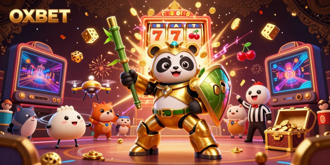 Engage in thrilling OXBET casino adventures with a 3D panda pilot amidst vibrant slot machine action.