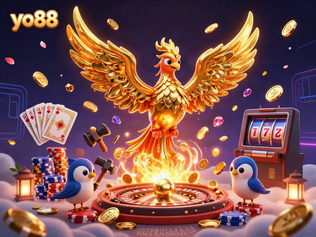 Engage with yo88's vibrant casino scene featuring a molten golden phoenix and gambling elements.