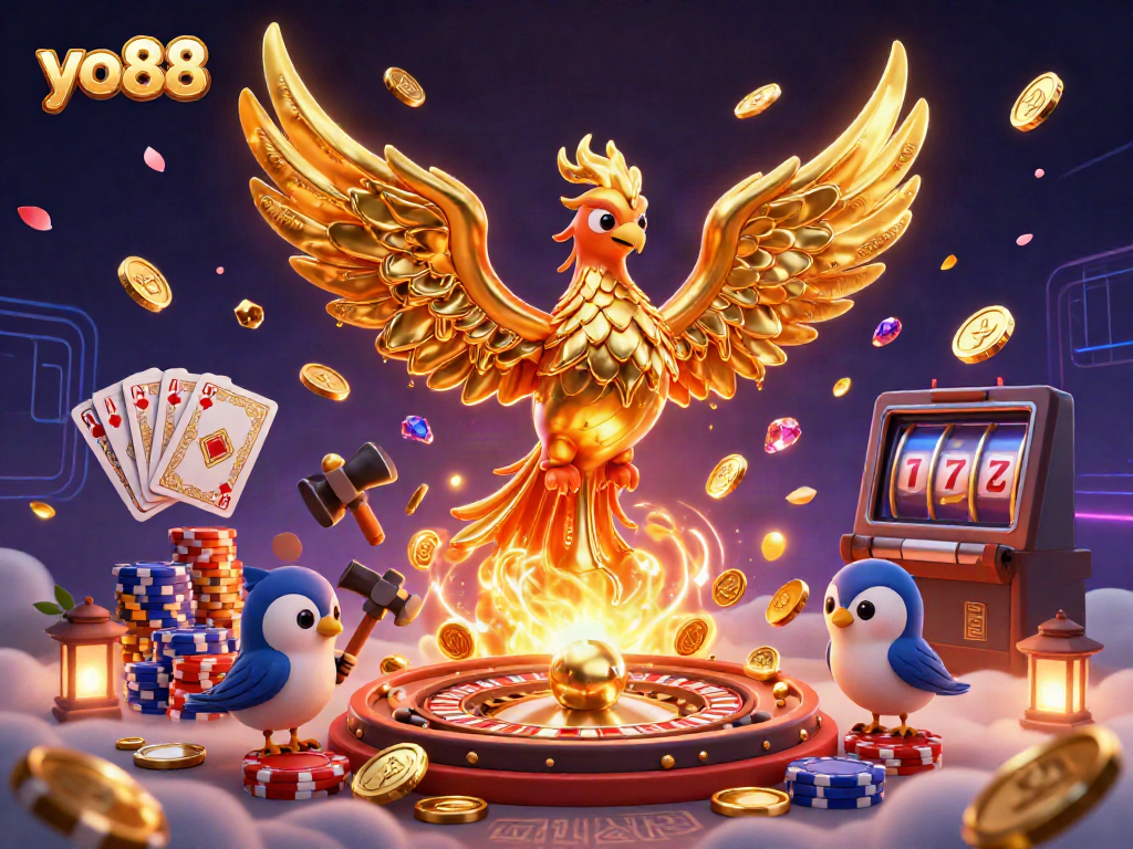 Engage with yo88's vibrant casino scene featuring a molten golden phoenix and gambling elements.