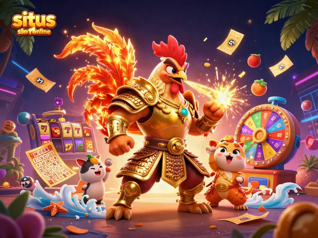 Experience exhilarating play with situs slot online featuring vibrant slots, a dynamic rooster warrior, and a dragon hatchling.