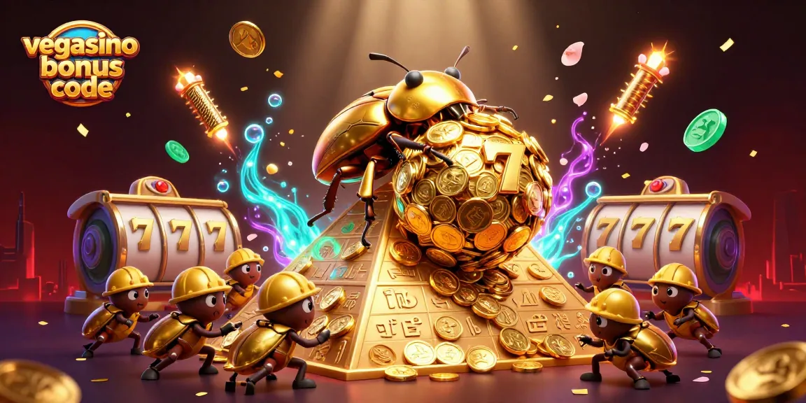 Experience the excitement of the vegasino bonus code with a dazzling illustration of golden beetles and casino elements.